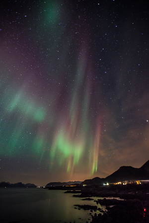 vertical landscape of auroa boealis in norwayの写真素材