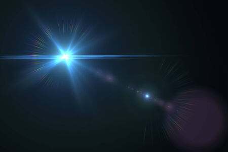 blue digital lens flare in black background horizontal frameの写真素材