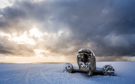 amazing landscape of plane on beach, vik, Icelandの写真素材