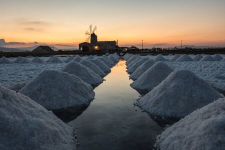 the magic atmosphere of the saltworks in the early morningの写真素材
