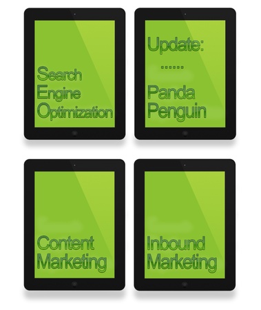 Black tablet with seo, penguin, panda and business conceptの写真素材