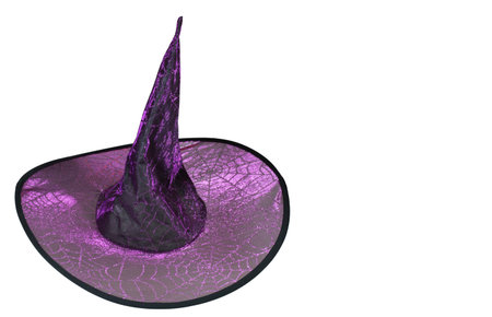 Wizard Witch hat decorated with glowing spiderwebs and pointed tip. Halloween isolated