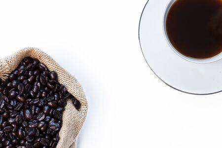 Coffee cup with coffee bag on white background. Top Viewの写真素材