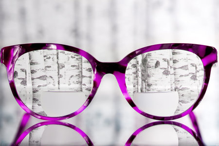 Eyeglasses Glasses with Bifocals and Black pink Frame smudged agaist birch trees