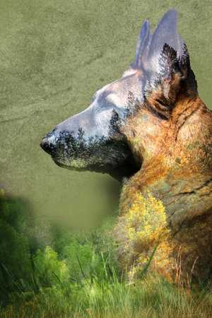 German Shepherd Dog outdoor portrait sitting in grass.  Attentive Senior dogの写真素材