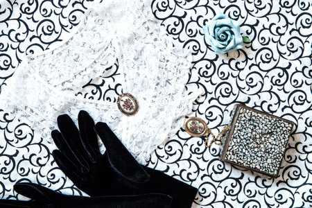Velvet Gloves with lace collar, jewelry, box and paper rose.  Vintage Still life. Old Fashion...
