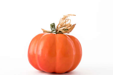 Decorative orange ceramic pumpkin isolated against white background. Thanksgiving conceptの写真素材