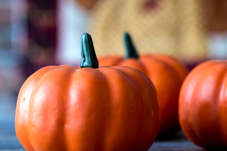 Decorative orange ceramic pumpkins against a colorful. Thanksgiving conceptの写真素材