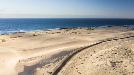 aerial view of road, desert, coast, fuerteventura, canary islandsの写真素材