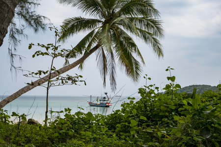 ko phangan beach with fishing boat, thailandの写真素材