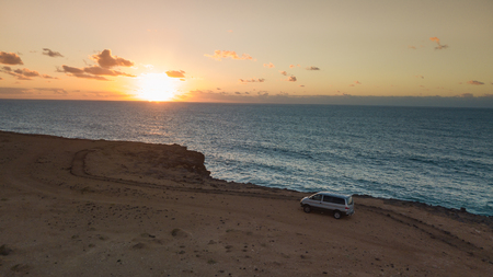 aerial view west coast of Fuerteventura at sunset, canary islandsの写真素材
