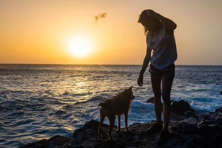 girl with her dog at sunset on the seaの写真素材