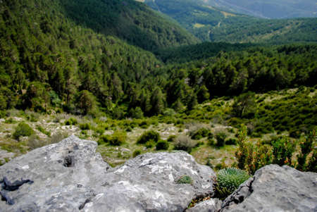 Close-up of rocks from the precipice into a green valleyの写真素材