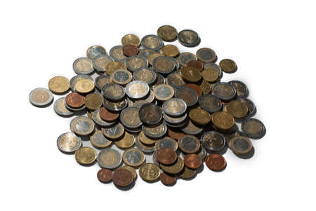 A lot of euro coin money on a white background for investing, trading and business enrichmentの写真素材