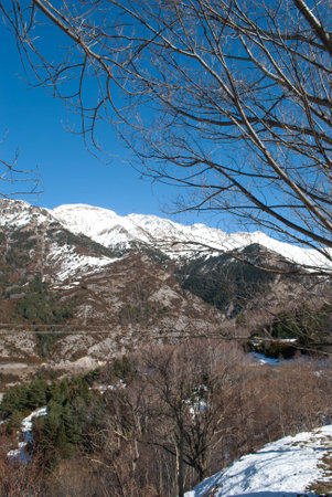 Snowy serenity, A peaceful scene of mountain tranquilityの写真素材