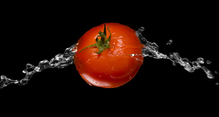 red tomato splash macro isolated over black backgroundの写真素材