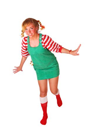 cute blond girl with freckles and emotions green dress, isolatedの写真素材