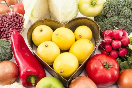 Various Healthy Food with Heart Tray.の写真素材