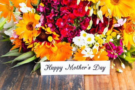 Happy Mother's Day,  Greeting Card,  with Bouquet of Spring Flowers.の写真素材