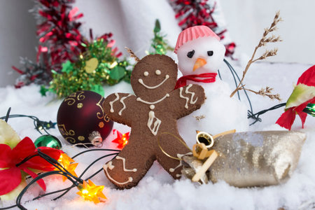 Gingerbread Man and Snowman in the Snow.