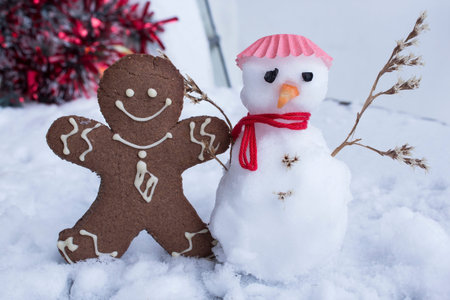 Gingerbread Man and Snowman in the Snow.の写真素材