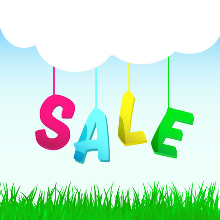 Sale letters, Spring sale. Sale background. Word sale on a background of blue sky and green grass. Seasonal sale.のイラスト素材