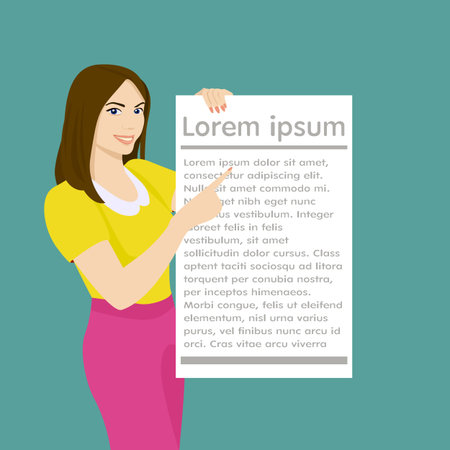 The girl holding a white empty sheet of paper. Woman holding white bannerのイラスト素材