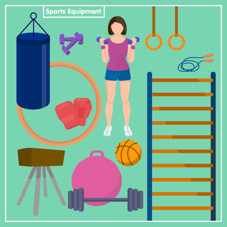 Set Sports Equipment. Flat design sport concept. Sports equipment background. Fitness and sports equipment vector illustration.のイラスト素材