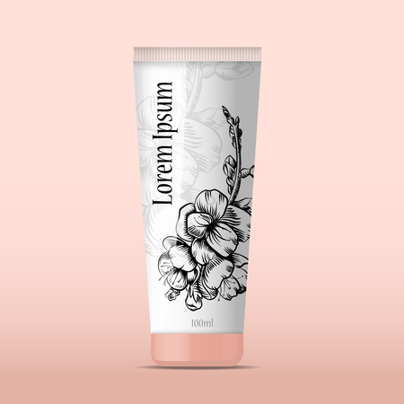 Branch of cherry blossoms. Illustration flowers of the cherry blossoms in vintage style. Vector illustration, sketch. Isolated line elements. Packing Tube For Cosmetics.のイラスト素材