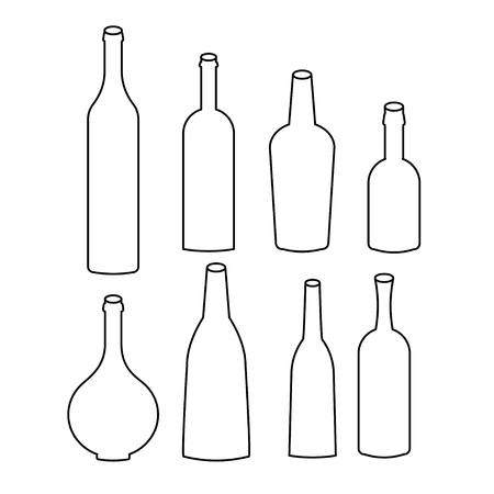 Wine bottle sign set. Set of black line icons. Different types of alcohol bottles. Bottle of champagne, juice, soda, water.のイラスト素材