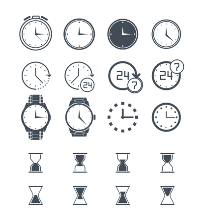 Clock icon set. Vector time icon, clock icon isolated on white. Sand clock set, 24h clock collection. Stopwatch clock icon. Flat clock icon. Wall clock icon. Wrist clock, alarm clock iconのイラスト素材