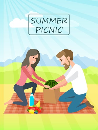 Picnic. Couple relaxing picnic on nature. Vacation and holiday picnic. Summer vacation.のイラスト素材