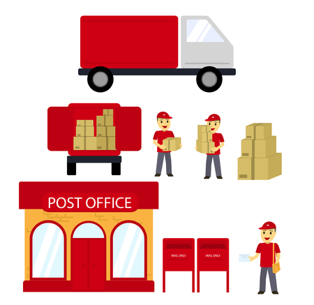 Post office, boxes, postman,Delivery truck. Delivery Concept. Vector flat. Postal service creative icon designのイラスト素材