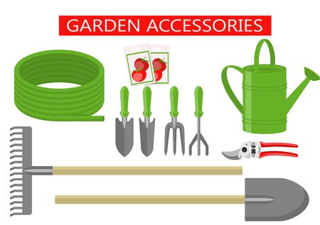 Gardening work tools flat icons set. Gardening Tools equipment for working in garden, secateurs, seeds, shovel, watering can, etc. Flat vector illustration setのイラスト素材