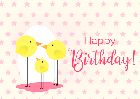 Birthday greeting card. Drawing with the family of birds for baby frame. Vector illustrationのイラスト素材