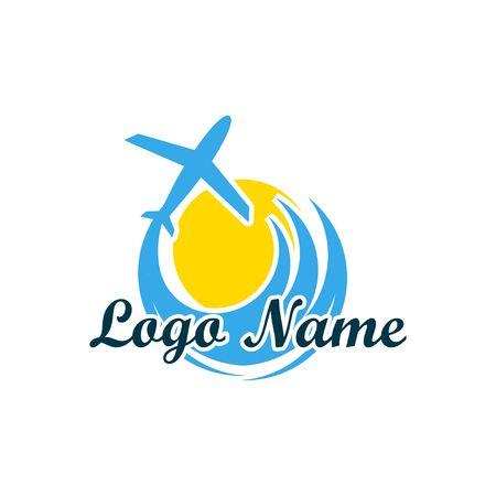 Logo isolated of travel agency. A symbol of vacation, travel and recreation in warm countries. Logo with palm trees, island, sea and sun, taking off planeのイラスト素材