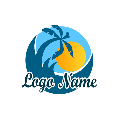 Logo isolated of travel agency. A symbol of vacation, travel and recreation in warm countries. Logo with palm trees, island, sea and sun, taking off planeのイラスト素材