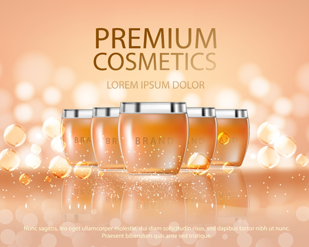 Cosmetics glass bottle mockup for ads or magazine of premium body cream for skin care. Template for design on bokeh pattern with transparent liquid drip on background. Illustration in 3d, vector.のイラスト素材