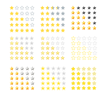 Set of 5 yellow stars rating icons. Star rating in different styles. Vector illustration. Eps10. Isolated badge for website or appのイラスト素材