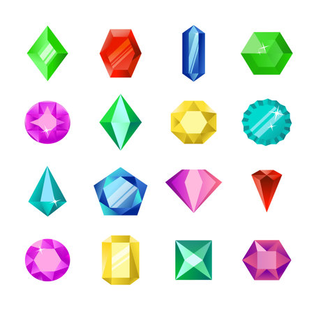 Jewels or diamonds brilliant vector set. Cartoon flat gems Jewels. Gemstone and crystal, precious glass elements isolated on white backgroundのイラスト素材
