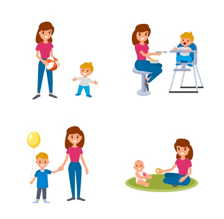 Bebisitter deals with children. The nanny feeds, walks with the child, plays with the child. A set of flat illustrations of vector babysitter and nanny with different childrenのイラスト素材