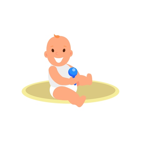 Child. Little boy sitting on the carpet with a toy in their hands. Flat illustration vectorのイラスト素材