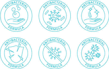 Antibacterial icon set. Against viruses and bacteria. Sanitizer label. Antibacterial sign for goods.のイラスト素材