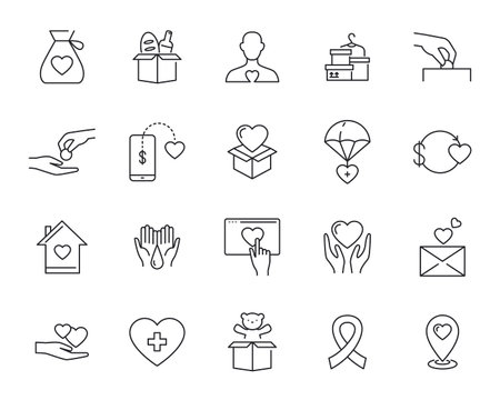 Charitable help and donations. Linear Icons on the theme of charity. Volunteering and helping the poor and sick.のイラスト素材
