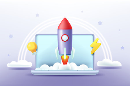 Startup business concept. Laptop rocket in the clouds 3d vector illustrationのイラスト素材
