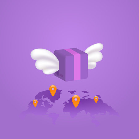 Parcel delivery box 3d vector with wings. Fast delivery, air delivery, mail services concept designのイラスト素材