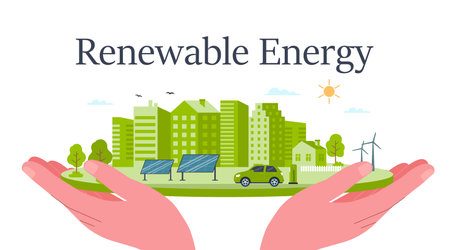 Renewable energy sources. Hands holding city ecosystem, environmental care, windmills and solar panels.のイラスト素材