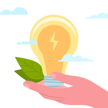 The hand holds a light bulb and leaves. Green energy. Caring for the resources of the planet.のイラスト素材