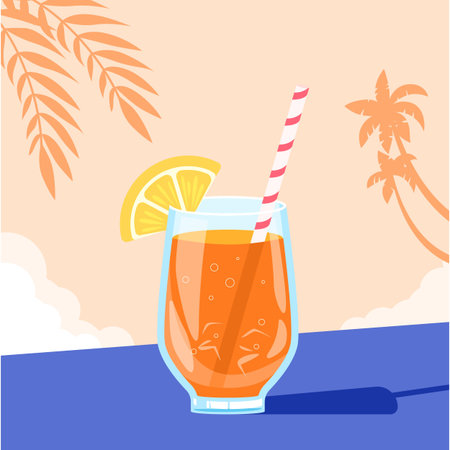 Cocktail glass with straw. Drink in a glass, summer poster by the sea with palm trees and a cocktailのイラスト素材