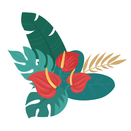 Bouquet with leaves and flowers anthurium of tropical plants. For postcards, invitation designのイラスト素材